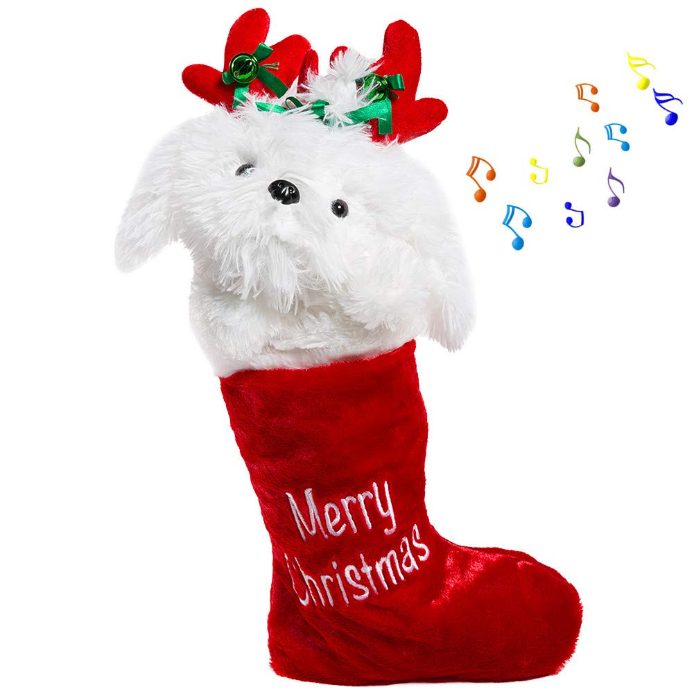 Photo 1 of HollyHOME Christmas Stockings Animated Puppy Plush Head Stockings with Music and Flapping Ears Hanging Xmas Decoration Kids Gift Socks Ornament White 19 Inch