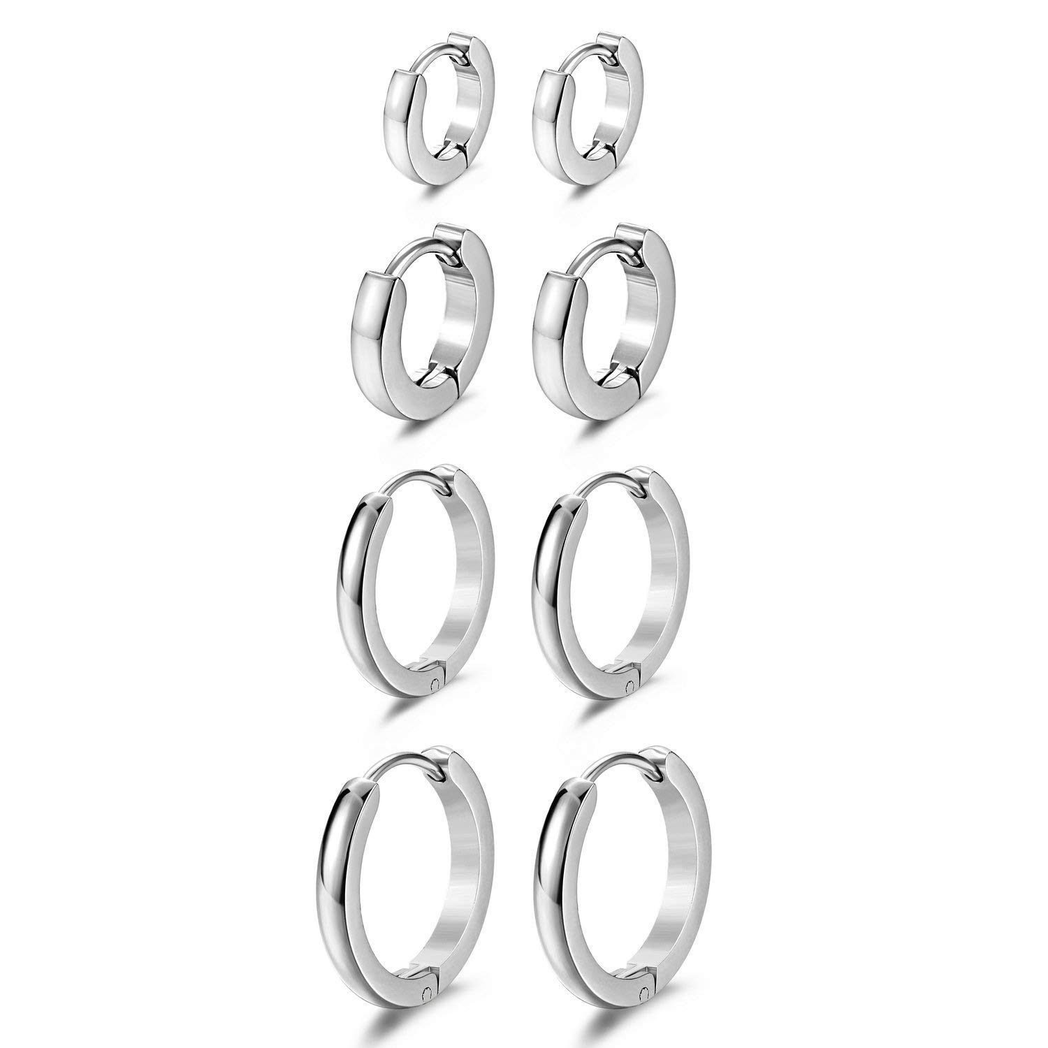 4 Pairs Men Huggie Earrings Hinged Hoop Dangle Earrings, Cupimatch Stainless Steel Ear Piercing Hoop Earrings Jewelry Set 7-14MM(Silver) for Fathers Day