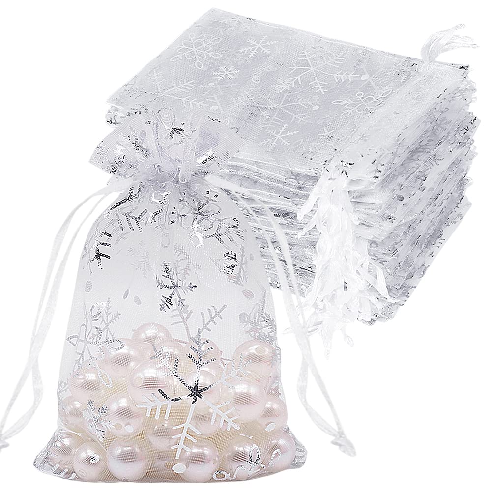 100pcs Organza Gift Bags White Snowflake 10 x 15 cm, Small White Mesh Jewelry Pouches Little Drawstring Candy Bags for Christmas