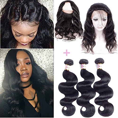 Pre Plucked 360 Lace Frontal Closure With Bundles Brazilian Body Wave Frontal Closure with Baby Hair 100% 8A Brazilian Unprocessed Human Hair Extension Natural Black Color (16 18 20&amp;14''360Frontal)