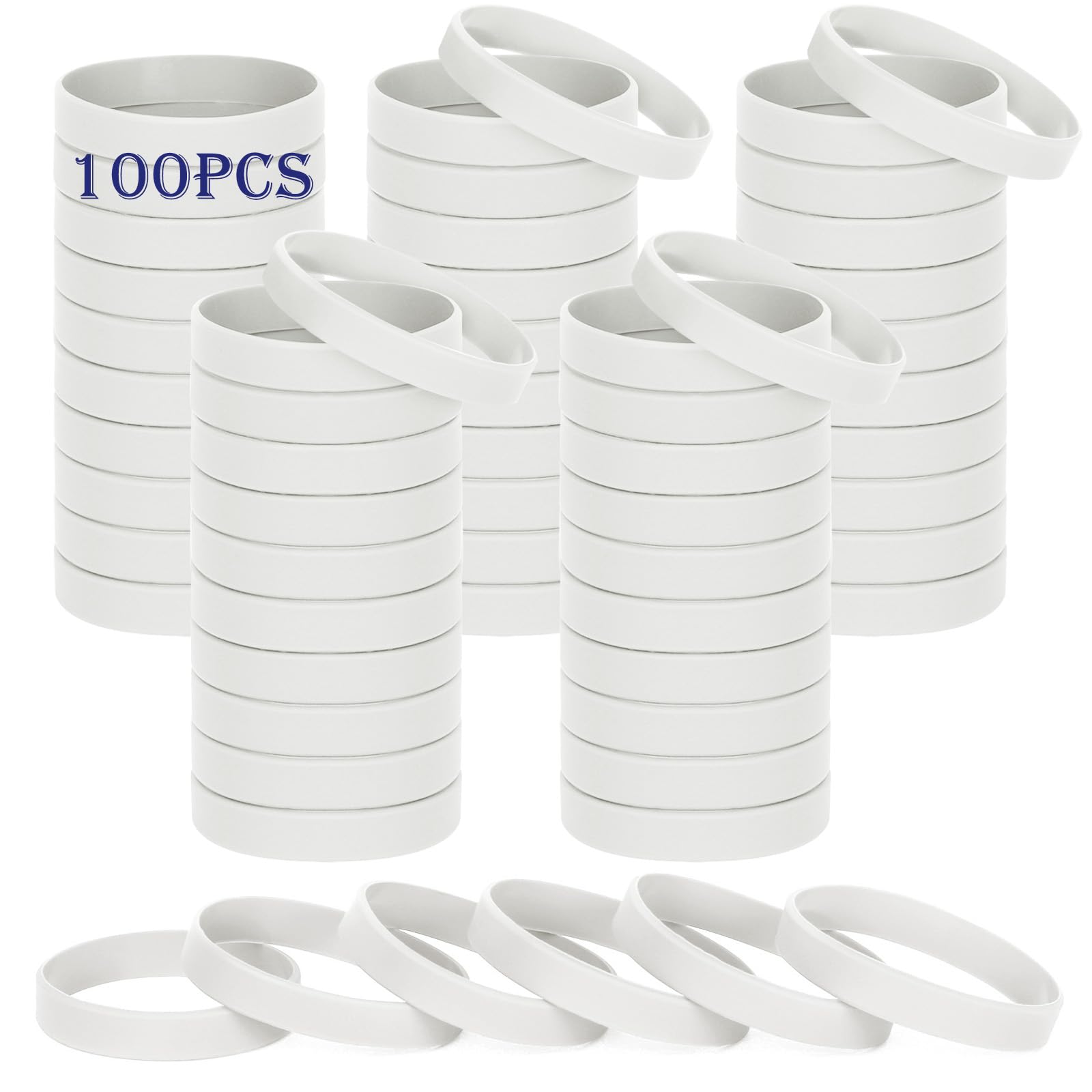HONTIUS Silicone Wristbands, 100PCS White Rubber Wristbands Blank Wrist Bands Universal Wristband Set for Women Men Adult Sport