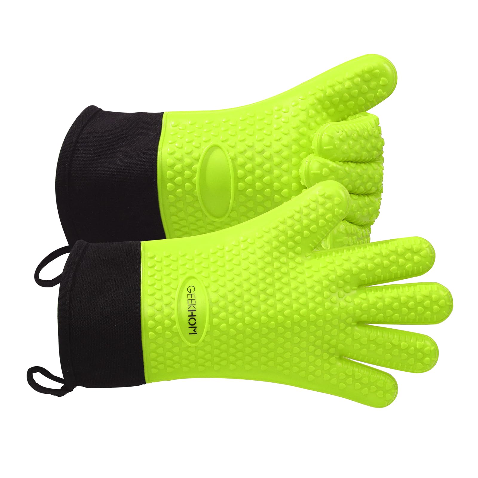 GEEKHOM Silicone Oven Gloves Heat Resistant Silicone Oven Mitts BBQ Gloves Waterproof Kitchen Gloves for Barbecue Grilling Weber Microwave, Non-Slip Oven Gloves with Fingers, Green