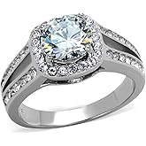 Halo Round Cushion Cut Cathedral Set Crysal CZ Engagement Ring, Stainless Steel, Size 7