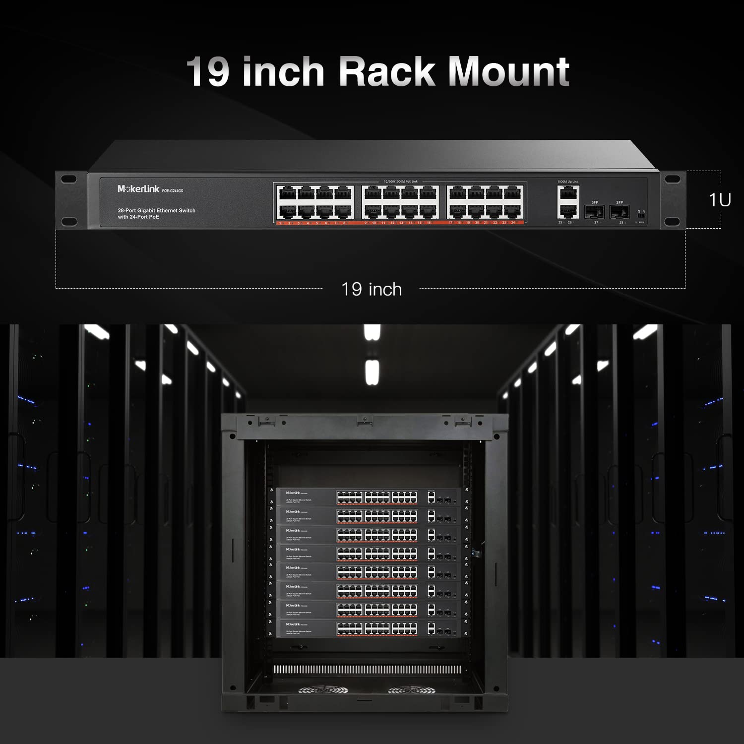MokerLink 24 Port Gigabit PoE Switch, 2 Gigabit Ethernet Uplink, 2 Gigabit SFP, 400W IEEE802.3af/at, Rackmount Unmanaged Plug and Play Netzwerk Switch 7