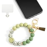 Poagoep Silicone Beaded Phone Wrist Strap, Phone Wristlet Strap with Tether Tab, Elastic Hands-Free Daisy Wristlet Bracelet(Green)