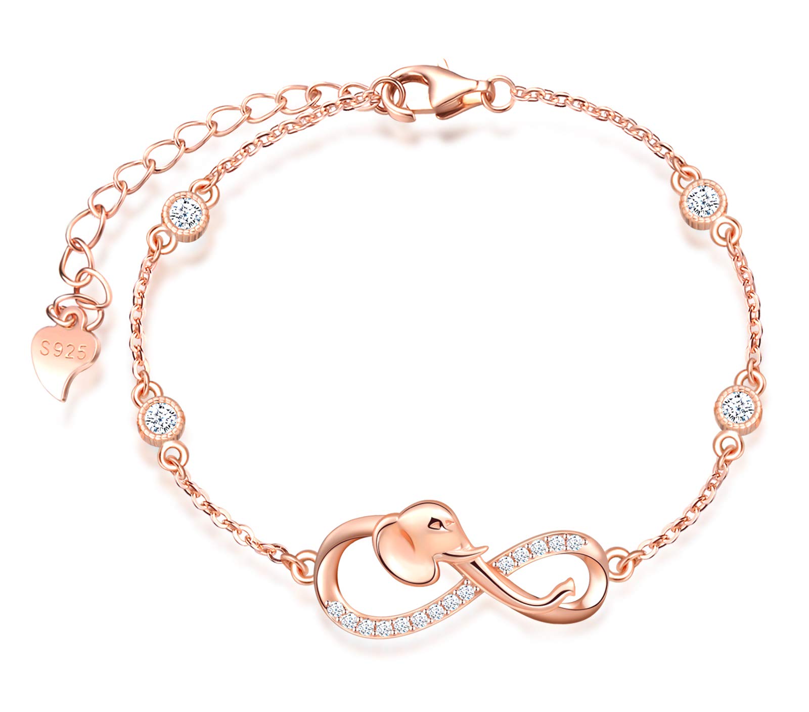 INFINIONLY Women's Girl's 925 sterling silver Bracelet, Cute elephant and infinity symbol bracelet, Inlaid zircon, rose gold, animal jewelry-sets