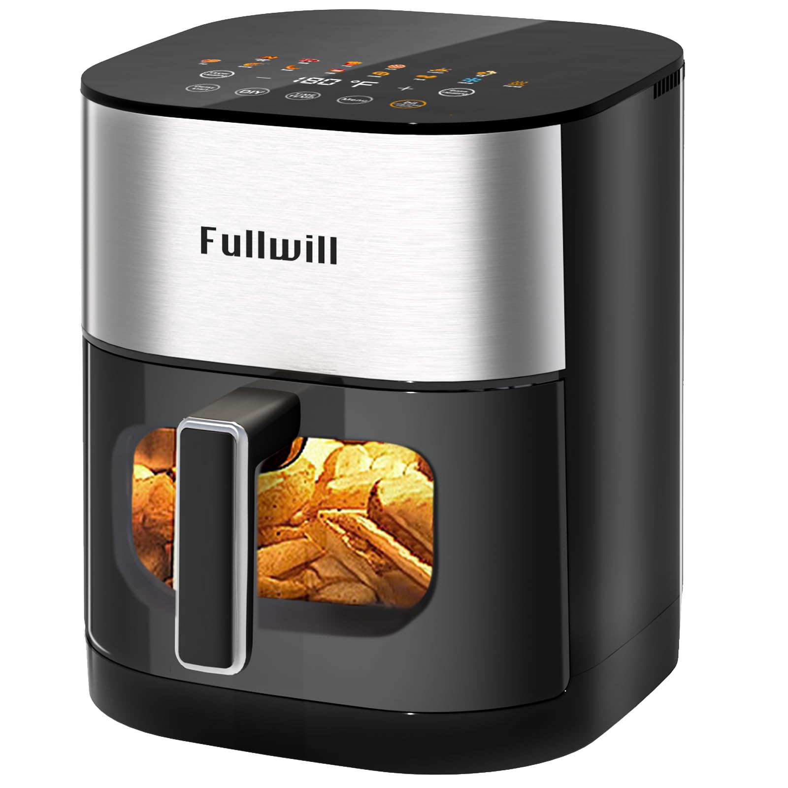 Freidora de aire Fullwill Vision Pro 6QT con ventana de visualización cuadrada grande, calefacción base y superior, 12 ajustes preestablecidos para alitas de pollo, filete, papas fritas, pizza y más, antiadherente y sin PFOA, cocción rápida y sin aceite