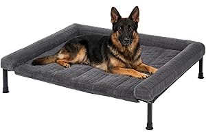 Veehoo Orthopedic Elevated Dog Bed with Fluffy Plush Cushion, Washable Raised Dog Bed with Removable Bolster Mat, Breathable Mesh, No-Slip Feet, Heavy Duty Pet Cot for Large Dogs, 45 x 34 inches, Grey