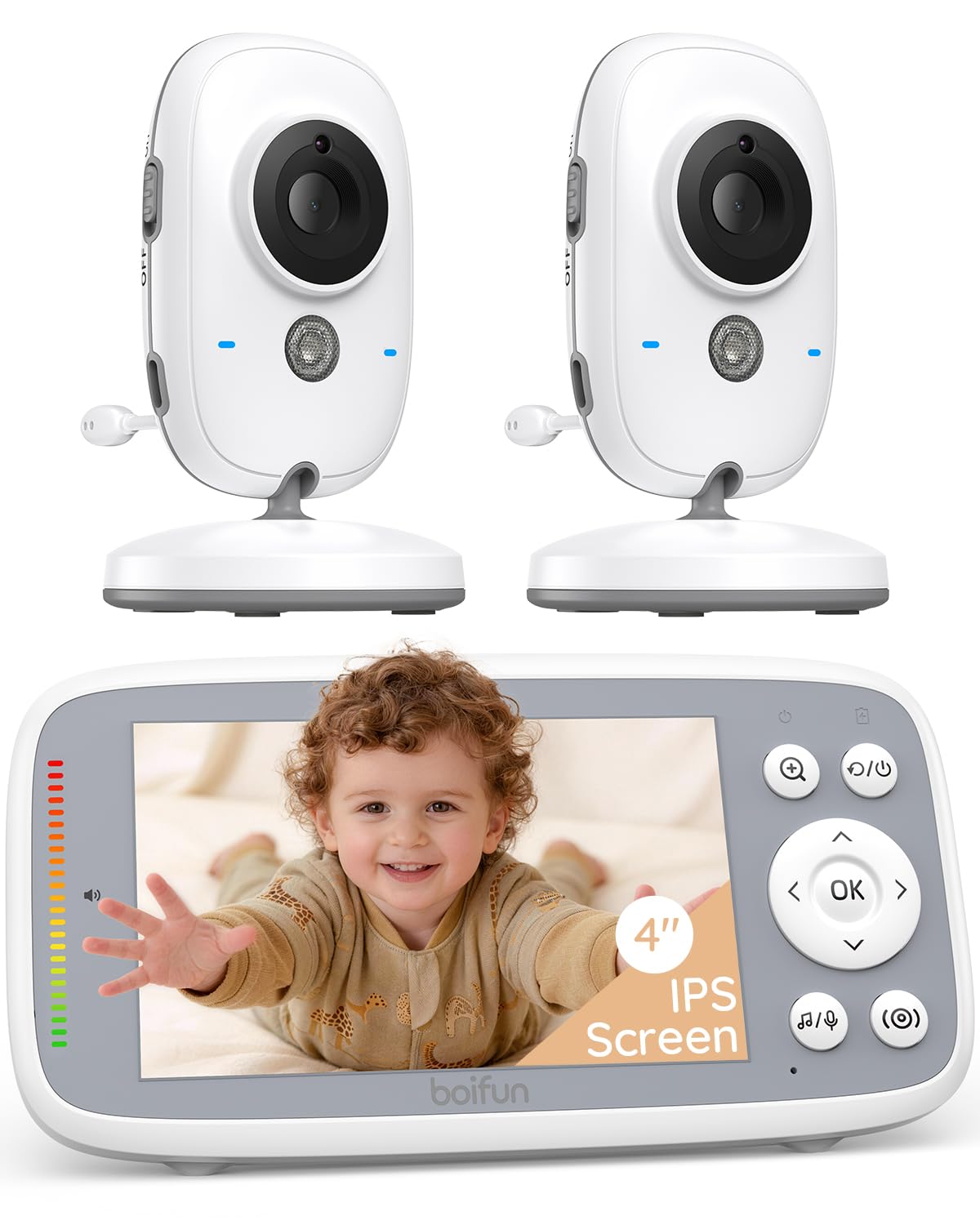 Boifun Video Baby Monitor with 2 Cameras, 720P IPS Screen, Invisible Infrared Night Vision, VOX Mode, No WiFi, Two-way Talk, Temperature Sensor, Lullabies, 4-inch, for Twins Two Children, Dual Cameras