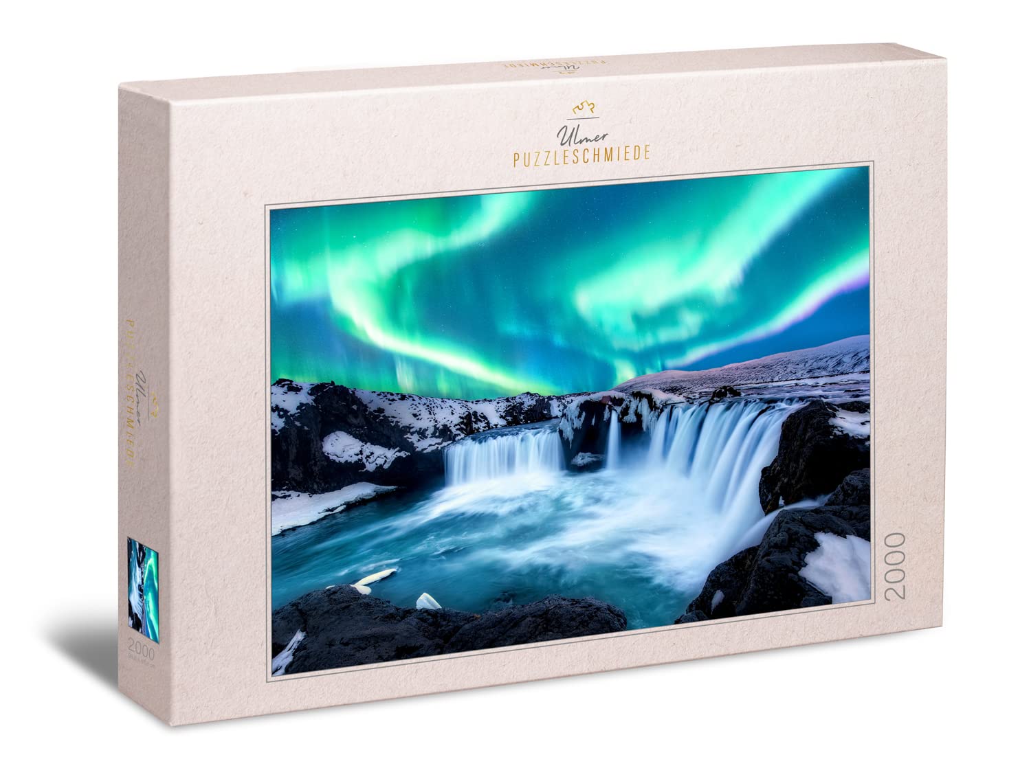 Ulmer Puzzleschmiede - Puzzle "The Elements of the North" - Impressive 2000 Piece Nature Puzzle - At the Godafoss Waterfall in Iceland, polar lights meet rough rocks and icy water