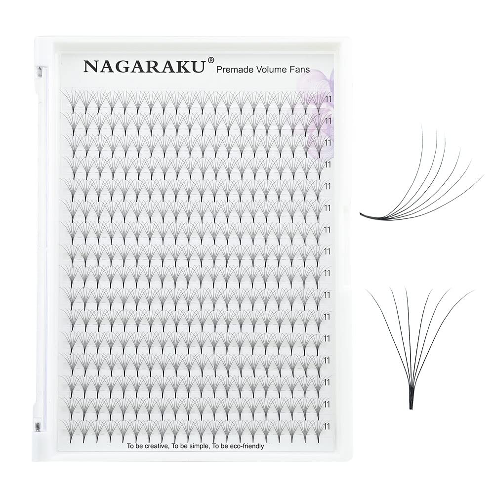 NAGARAKU Eyelash Extensions 320 Clusters Premade Fans Russian Volume Long Stem Premade Fans Thin Pointy Base Natural Pre Fanned Fluffy False Eyelash Black 16 Rows (6D 0.07 D Curl 11mm)
