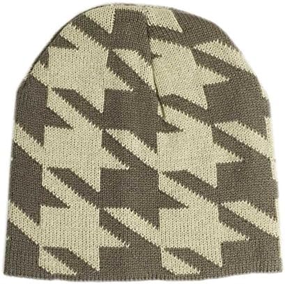 Aesthetinc Classic Houdstooth Print Knit Beanie Hat (Khaki)