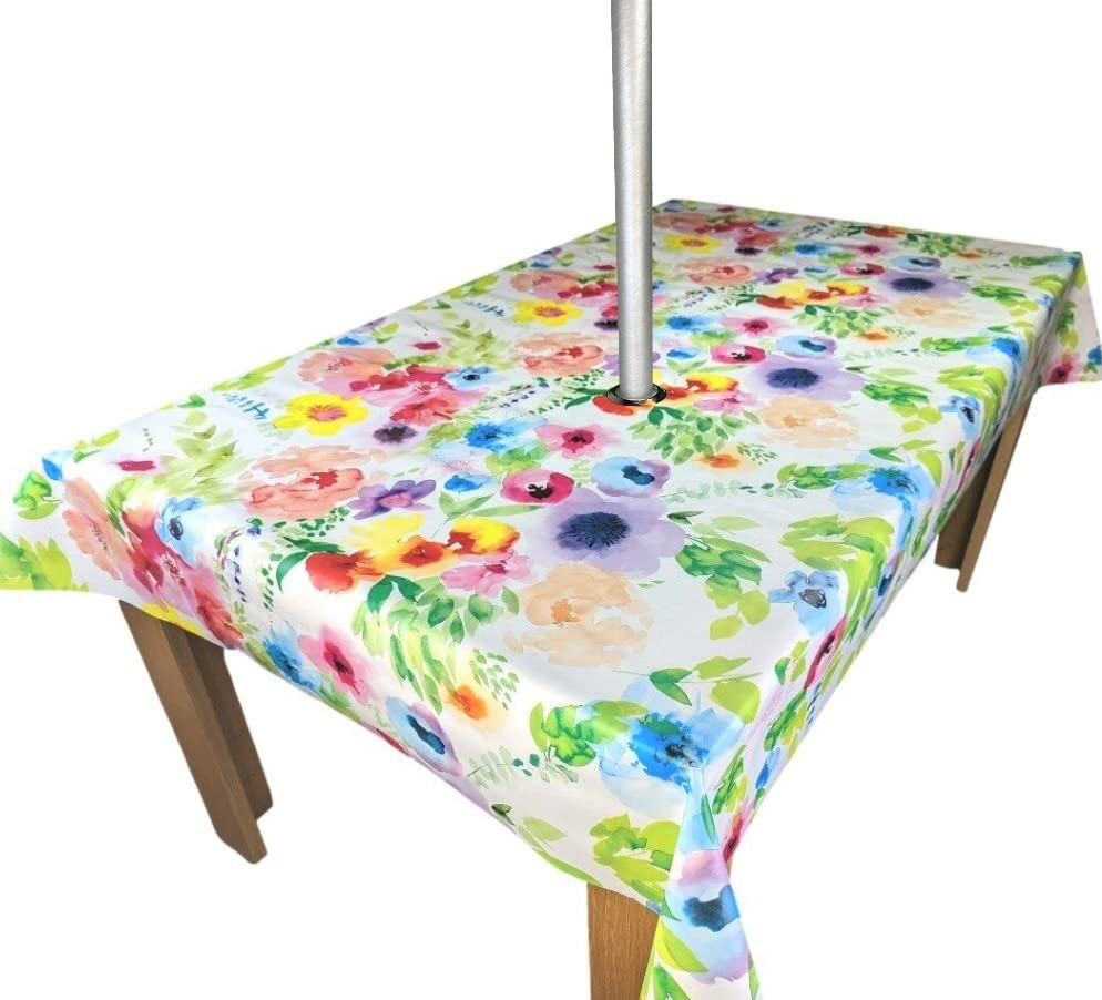 Karina Home Wipe Clean Garden Tablecloth with Parasol Umbrella Hole Bright Floral Garden Flowers Round 138cm