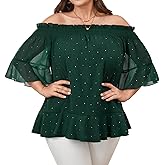 SCOMCHIC Women's Plus Size Off The Shoulder Tops Half Sleeve Chiffon Blouse Ruffle Cocktail Party Evening Shirts
