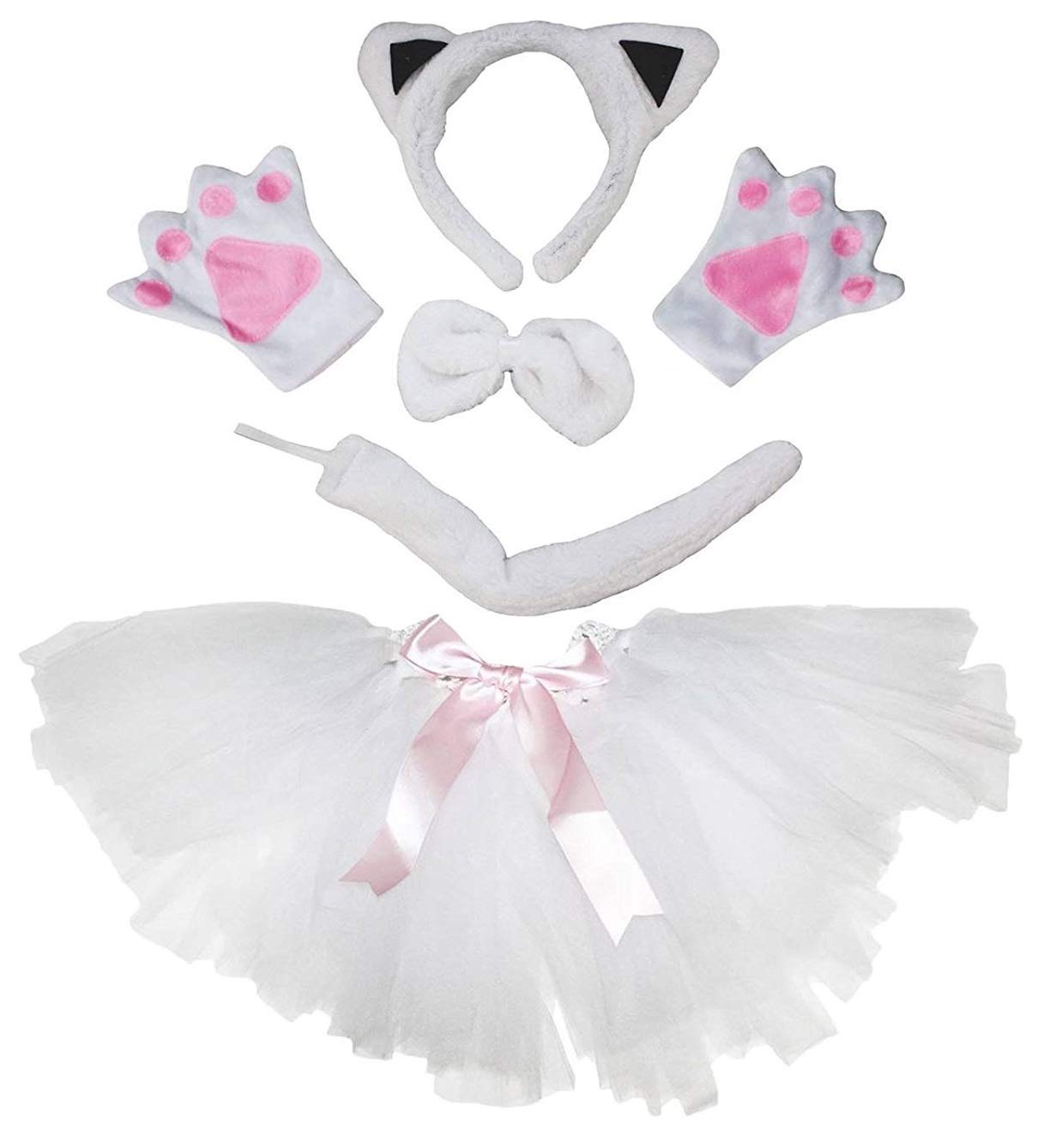 Petitebelle Cat Headband Bowtie Tail Gloves Tutu 5pc Girl Costume 1-10y (White/Black, 1-5 Years)