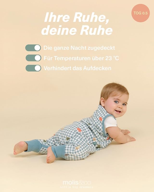 molis&co - Baby Schlafsack mit Füßen 0.5 TOG - Sommerschlafsack für Jungen - Kinder Babyschlafsack mit Beinen - 100% Baumwolle (Oeko-TEX 100), Premium Qualität - Summer Sea (60 cm)