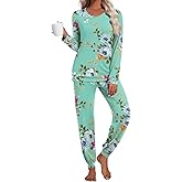syoss Womens Pajama Set Long Sleeve Sleepwear Fall V-Neck Nightwear Soft Pjs 2 Piece Lounge Sets with Pockets