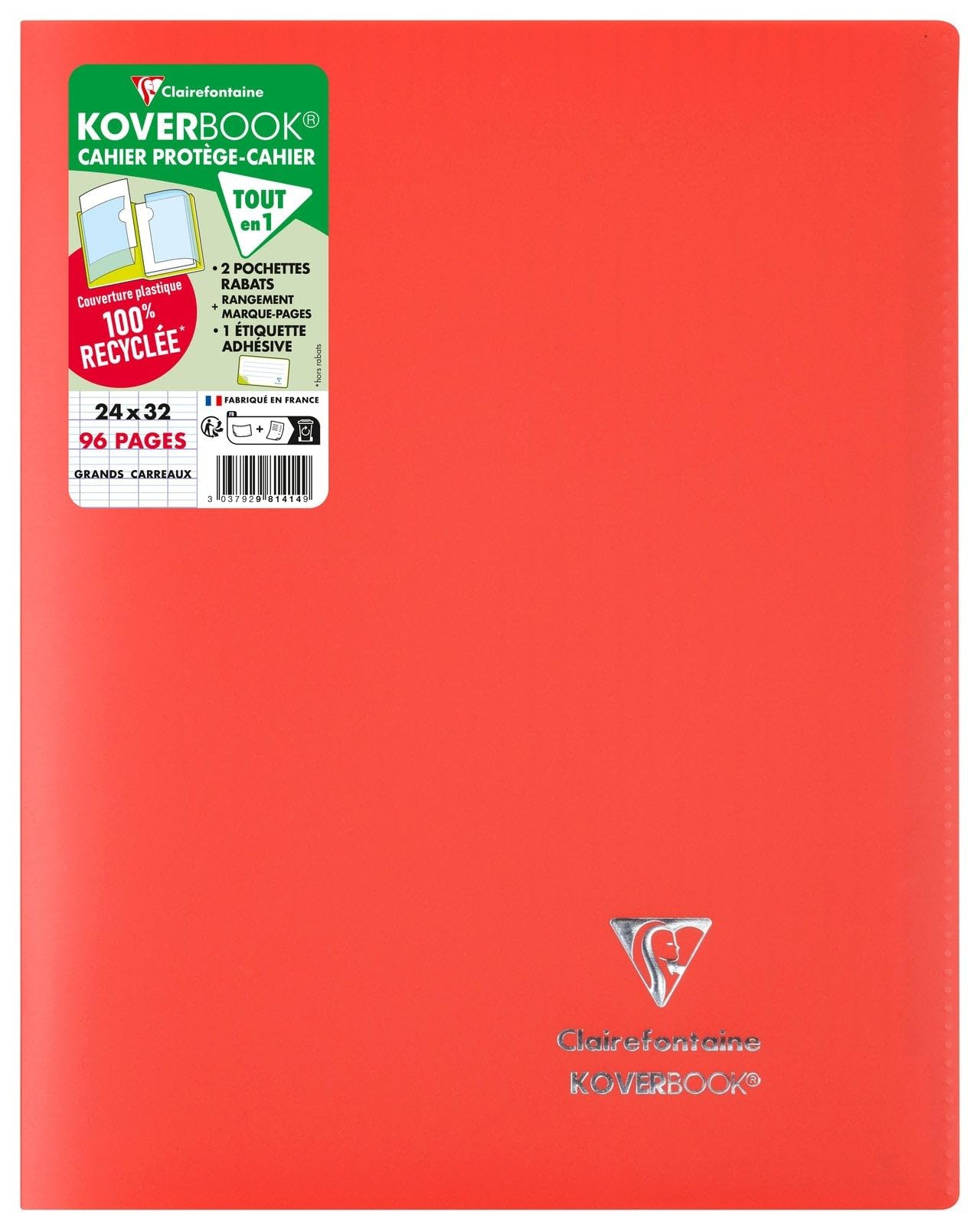 Clairefontaine 981414C - One Red Koverbook Stapled Notebook - Dimensions: 24x32 cm - 96 Seyes Ruled Pages - 90 g White Paper - Recycled Polypro Opaque Cover