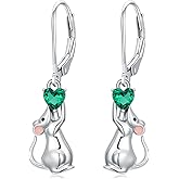 LONAGO Mouse Earrings 925 Sterling Silver Cute Mouse with Green Heart Drop Dangle Earrings