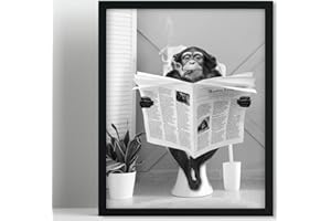 Biufo Monkey on Toilet Framed Canvas Wall Art Print Animal Poster Decor for Bedroom Bathroom (8"x10")