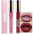 evpct 2Pcs Mauve & Dark Red Matte to Glitter Liquid Lipstick Set Kit for Women Long Lasting Glossy Metallic Shimmer Sparkle Lipstick Lip Gloss 01+04