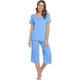 WiWi Viscose from Bamboo Pajamas Set for Women Super Soft Short Sleeve Tops Capri Pants Sleepwear Cooling Pjs Sets S-3X