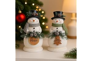 iStatue Set of 2 Large Resin Christmas Snowman Figurines – “Joy” and “Peace” Xmas Snowmen with Pinecone & Greenery Accents, G