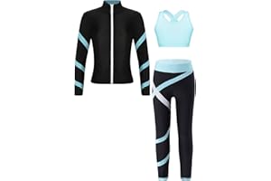 YiZYiF Kids Girls Figure Ice Skating Gym Training Suit Long Sleeve Jacket Sleeveless Crop Top with Skating Pants Set