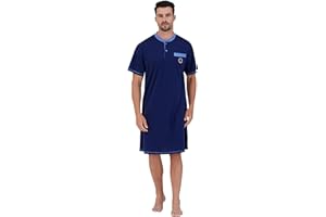 Keyocean Men Nightshirt, 100% Cotton Soft Comfy Short Sleeves Henley Neck Sleeping Loungewear