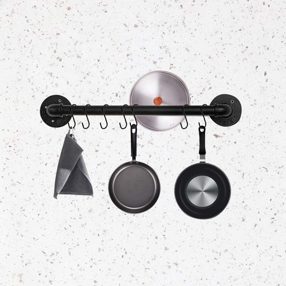 Industrial Pipe Pan Pot Rack Wall Mounted, Iron Coffee Cups Hanger Bathroom Towel Bar Black Kitchen Utensil Cookware Holder Storage Organizer With 10 Detachable S Hooks: Home Improvement