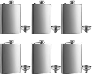 6 Pcs 8 oz Hip Stainless Steel Flask & Funnel Set by QLL, Easy Pour Funnel is Included, Great Gift