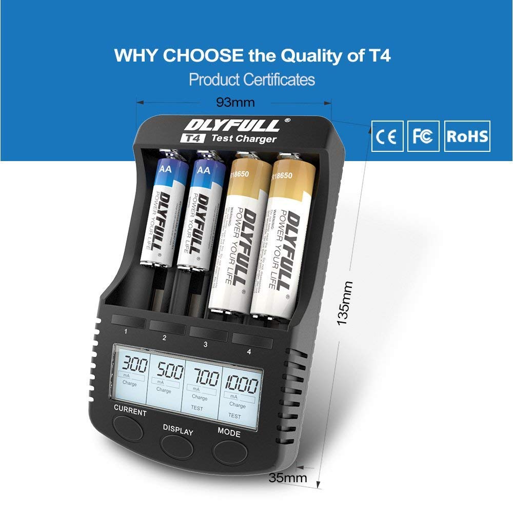 Dlyfull Speedy Universal Battery Charger with LCD Display 4-Slot Multifunctional Smart Battery Charger for NiMH NiCD AA AAA C SC & 18650 18490 14500 10400 17500 17355 16340 26650 26500 22650 Batteries