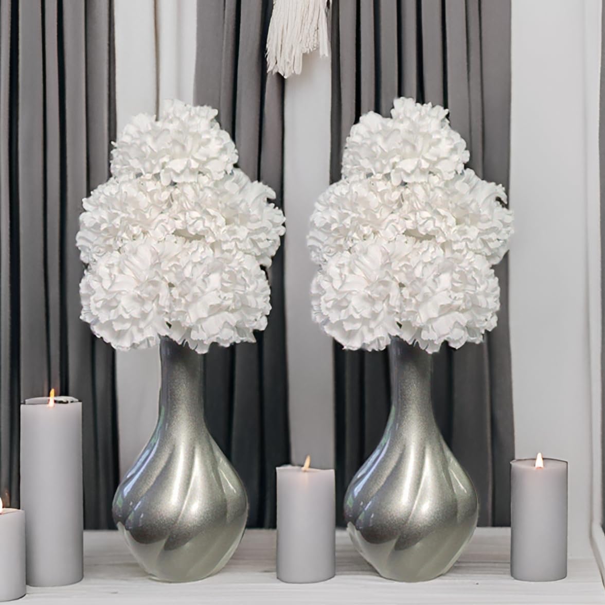 Flourish Vase with Artificial Flowers - Silver Grey and White, Pre-Arranged - Perfect for Home Decor and Living Room Decoration, Bedroom or Bathroom Ornament