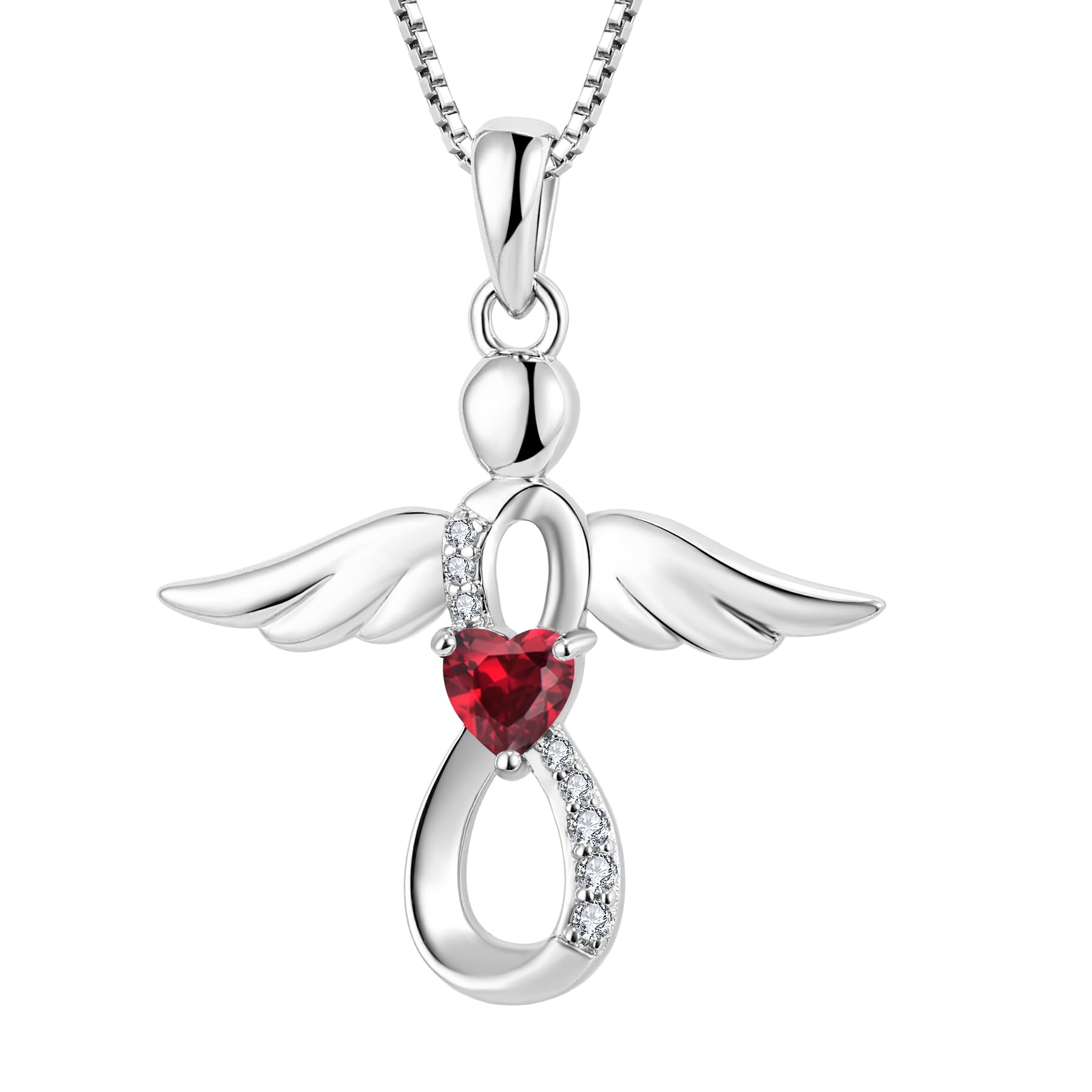FJ Guardian Angel Necklace 925 Sterling Silver Infinity Pendant Ruby Necklace July Birthstone Jewellery for Women