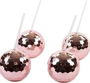Andaz Press 1970s Disco Ball 19 oz Drink Tumbler with Straw, Rose Gold Pink Champagne Copper, 4-Pack