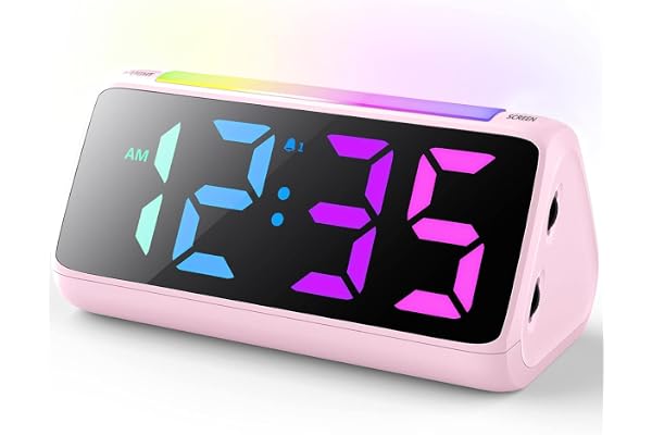 Netzu Digital Alarm Clocks for Bedrooms, Bedside Clocks with RGB Night Glow, Rainbow Time, Large Display, Dual Alarm, Snooze,