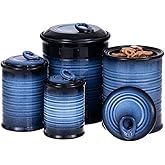 Nihow Food Storage Jar Sets: Ceramic Container with Air Tight Lid for Flour/Sugar/Rice/Coffee/Cookies/Candy - Seal Damp-proof Canister for The Kitchen Counter - Set of 4 (Blue & Black)