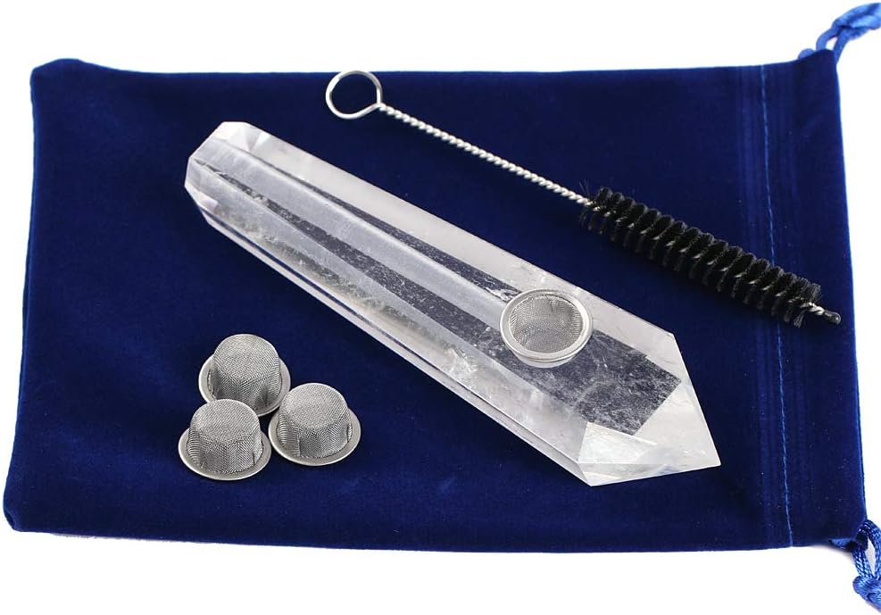 Premium Natural | Clear Quartz | Crystal Pipe with 3 Screens and 1 Brush, Crystal Pipes for Smoking, Smoking Pipe About 4-4.5 Inches