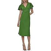 DKNY Women's Split Short Sleeve V-Neck Straight Hem Midi Dress