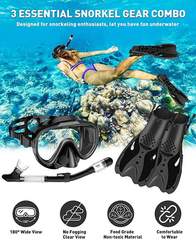 EMSINA Mask Fin Snorkel Set with Adult Snorkeling Gear, Panoramic View Diving Mask, Trek Fin, Dry Top Snorkel +Travel Bags, Snorkel for Lap Swimming