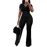 HBQ Women Two Piece Outfit Ribbed Short Sleeve V Neck Polo Top and Flare Pants Casual Lounge Sets Tracksuit