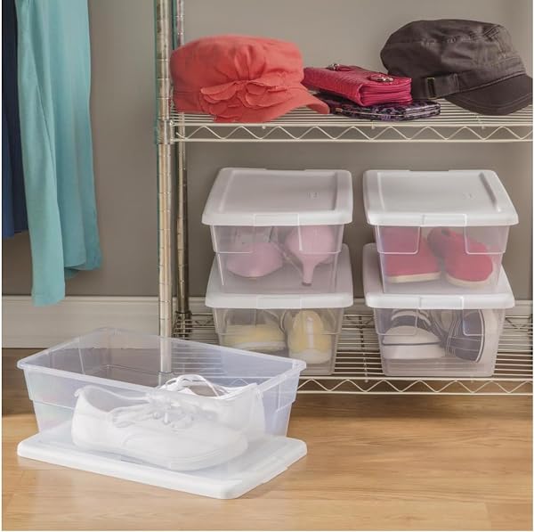STERILITE STORAGE BOXES, 13.5L X 8W X 4.8H INCHES (34.3 X 20.3 X 12.2 CM), 6 QT, CLEAR WITH WHITE LID, PACK OF 10