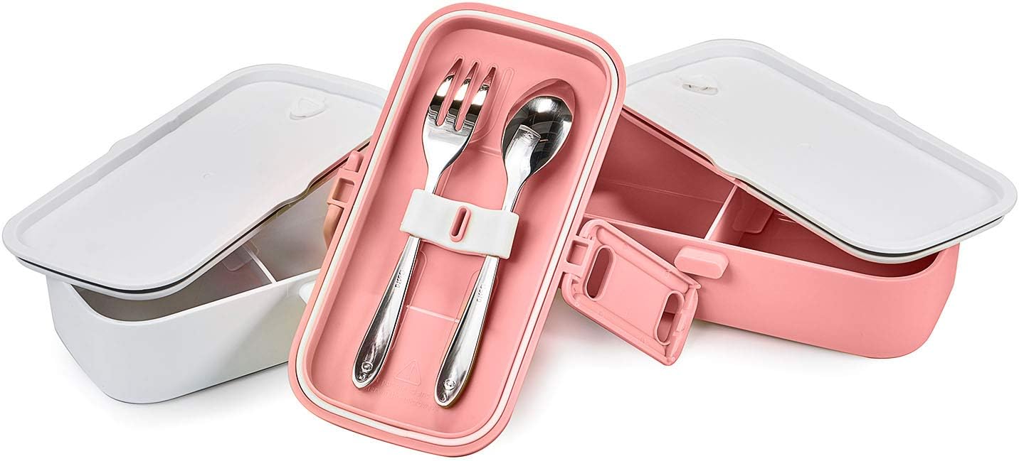 LS LifeStyle Bento Lunch Box 2 Container 4 Compartments For Adults, Kids Leakproof, Microwave and Dishwasher Safe, BPA Free (Cutlery Fork + Spoon included) Portion Control (PInk)
