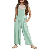 Haloumoning Girls Overalls Kids Casual Sleeveless Wide Leg Jumpsuit Loose Rompers with Pockets 5-14 Years