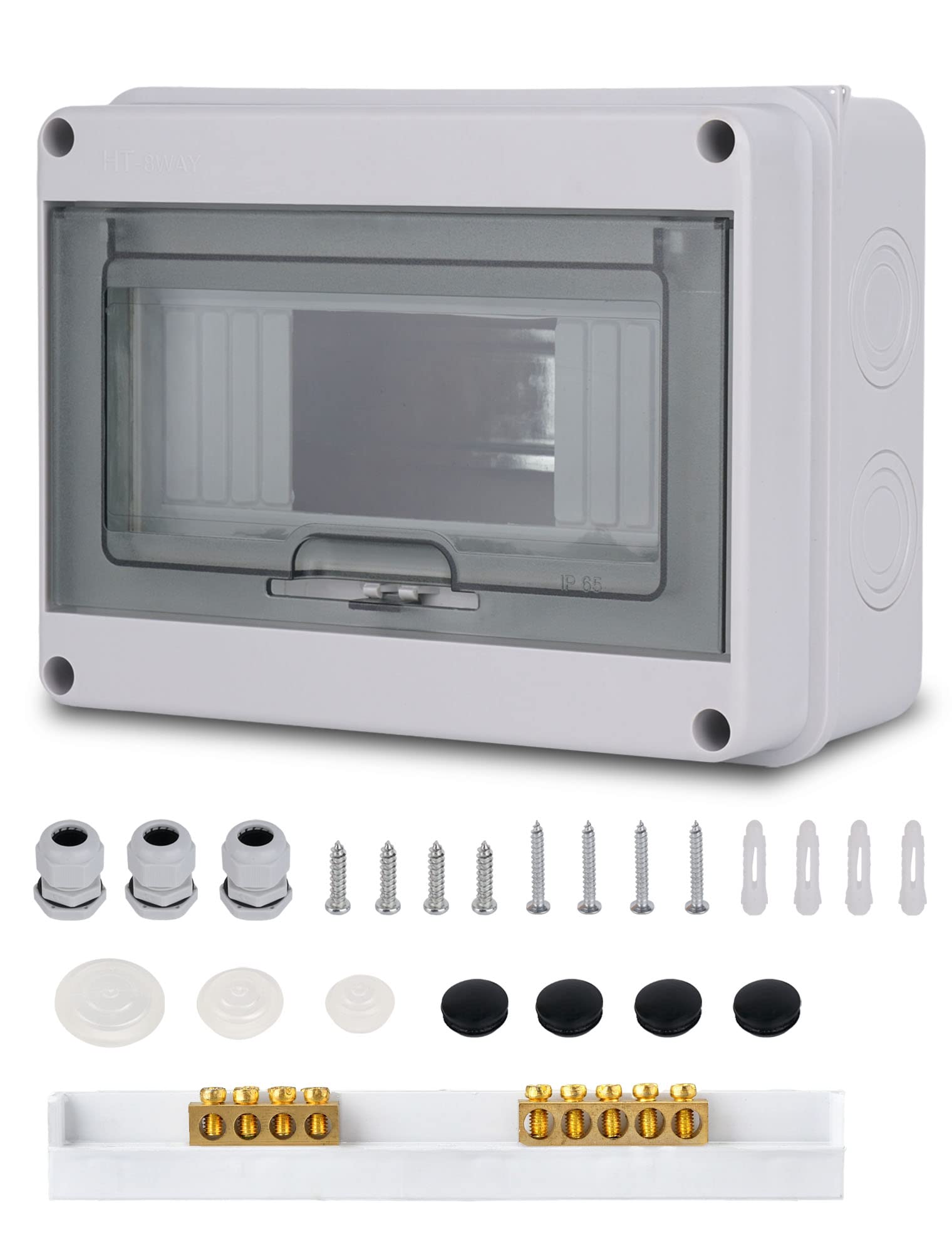 Fuse Box Surface-Mounted Distributor, Distribution Box Surface-Mounted IP65 1 Row for 8 Modules, with Accessories, Small Distributor for Gardens, Famiglia, Wet Rooms