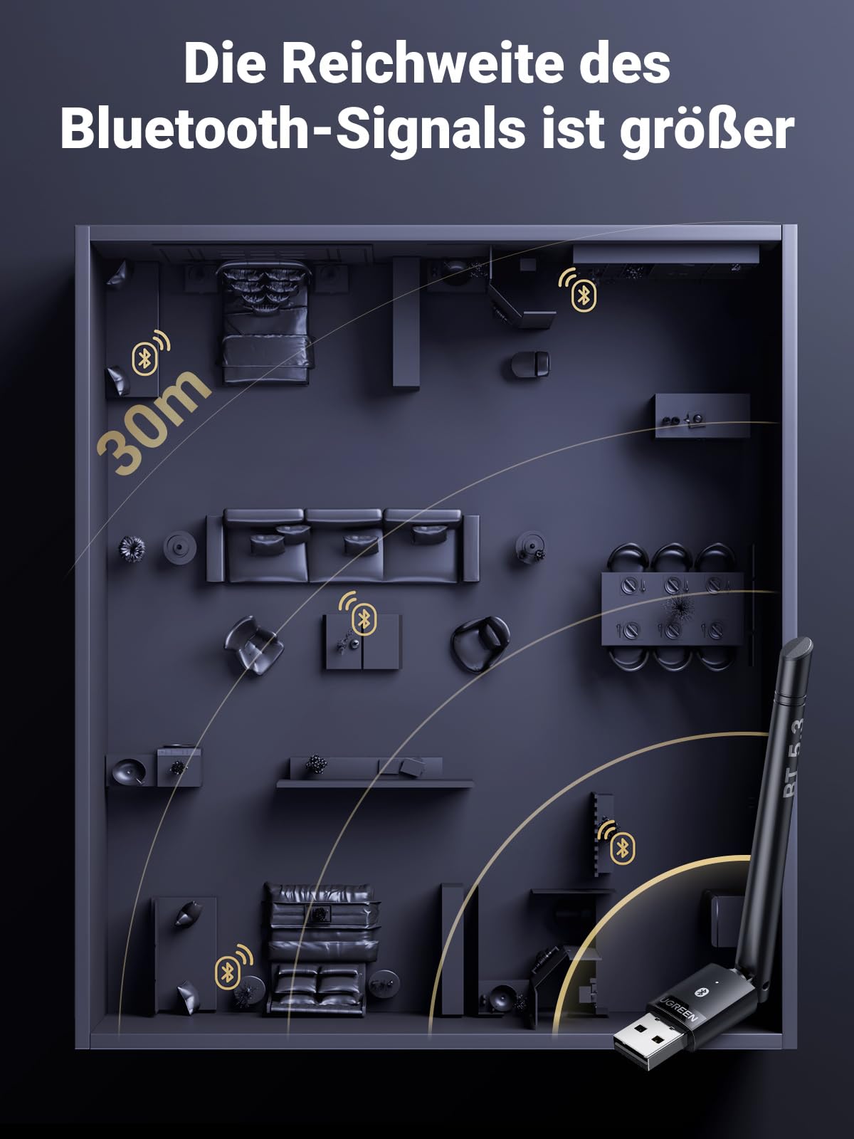UGREEN USB Bluetooth Adapter PC Mit Großer Übertragungsreichweite Bluetooth Dongle für Windows 11/10/8.1, Bluetooth Stick für Maus, Tastatur, Kopfhörer, Handy, Controller 4