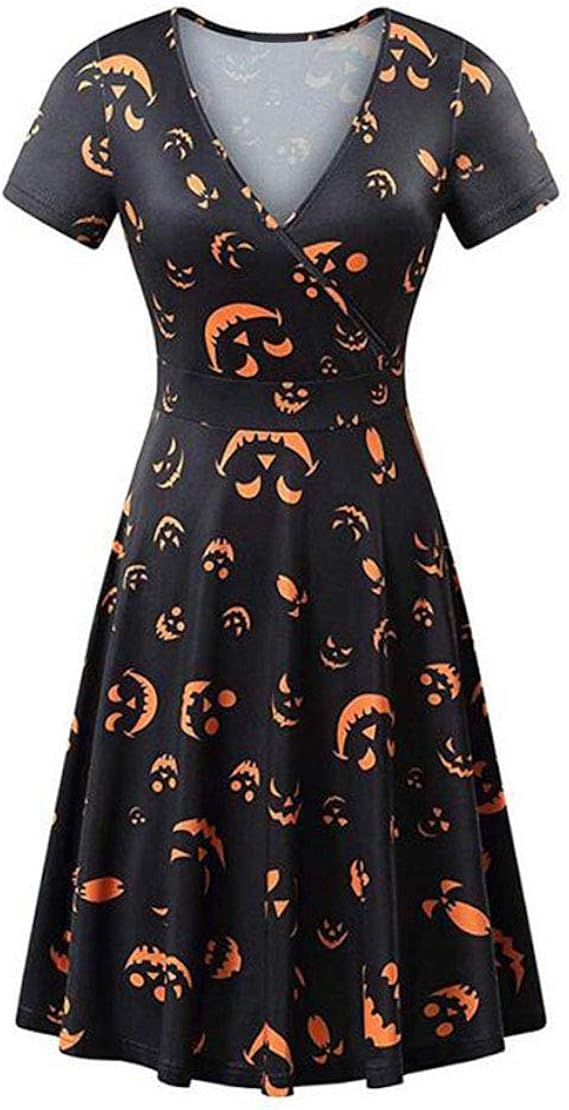 Halloween Party Dress Ladies Short Sleeve Classic VNeck Floral Pattern Fashion Casual Slim Fit