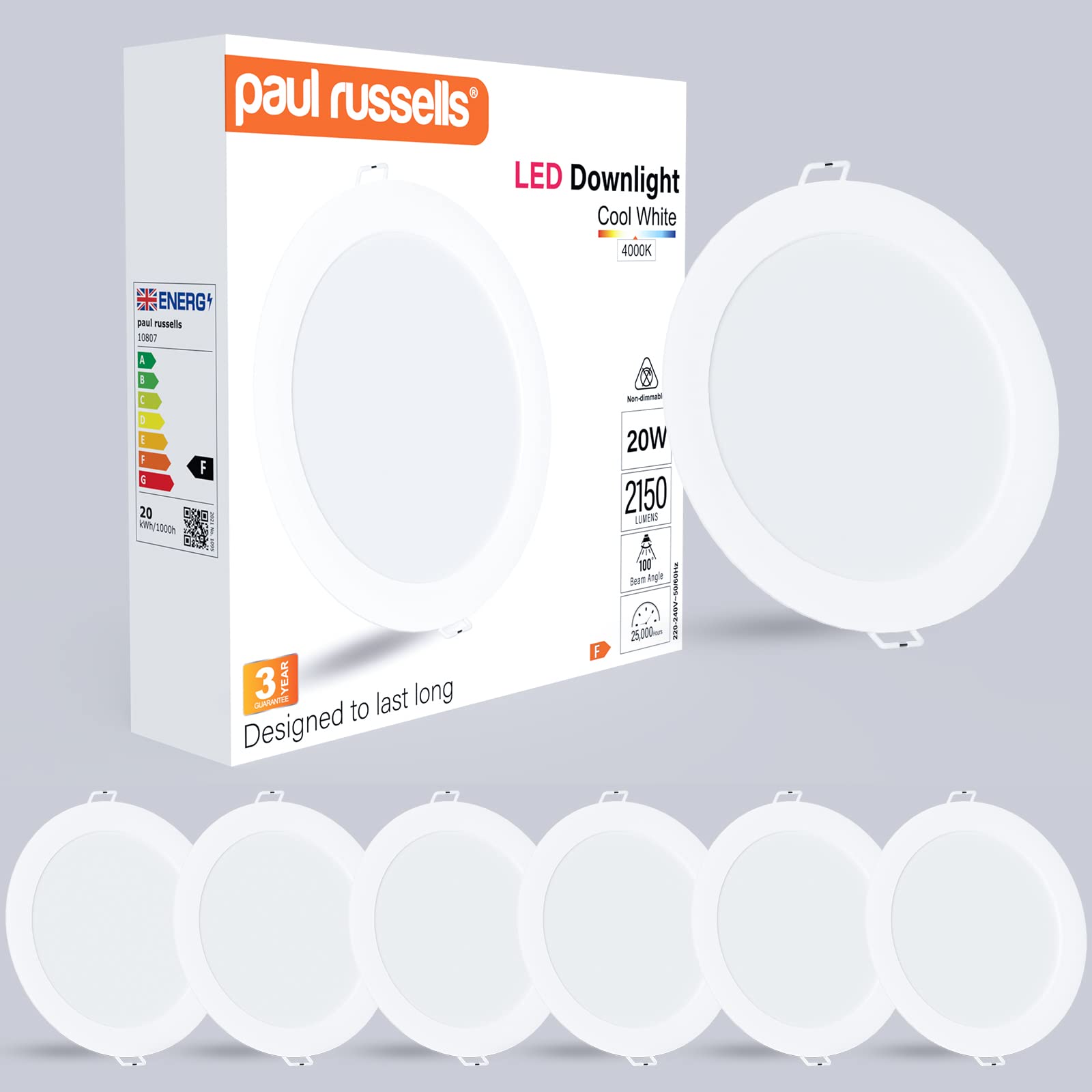 paul russells LED Ceiling Downlights, 20W Slim Recessed Bathroom Downlights, Kitchen Ceilings, 2150 Lumens, 4000K Cool/Natural White, Cutout 170-180mm, Round Non-Dimmable Panel Spotlights, 6 Pack