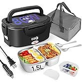IXIIE Electric Lunch Box 80W for Adults, 1.5L Lunch Warmer with 2 Compartments for Truck/Car/Work, Fast Portable Heated Lunch Box Food Warmer Heater 12/24/110V, Removable Stainless Steel Container