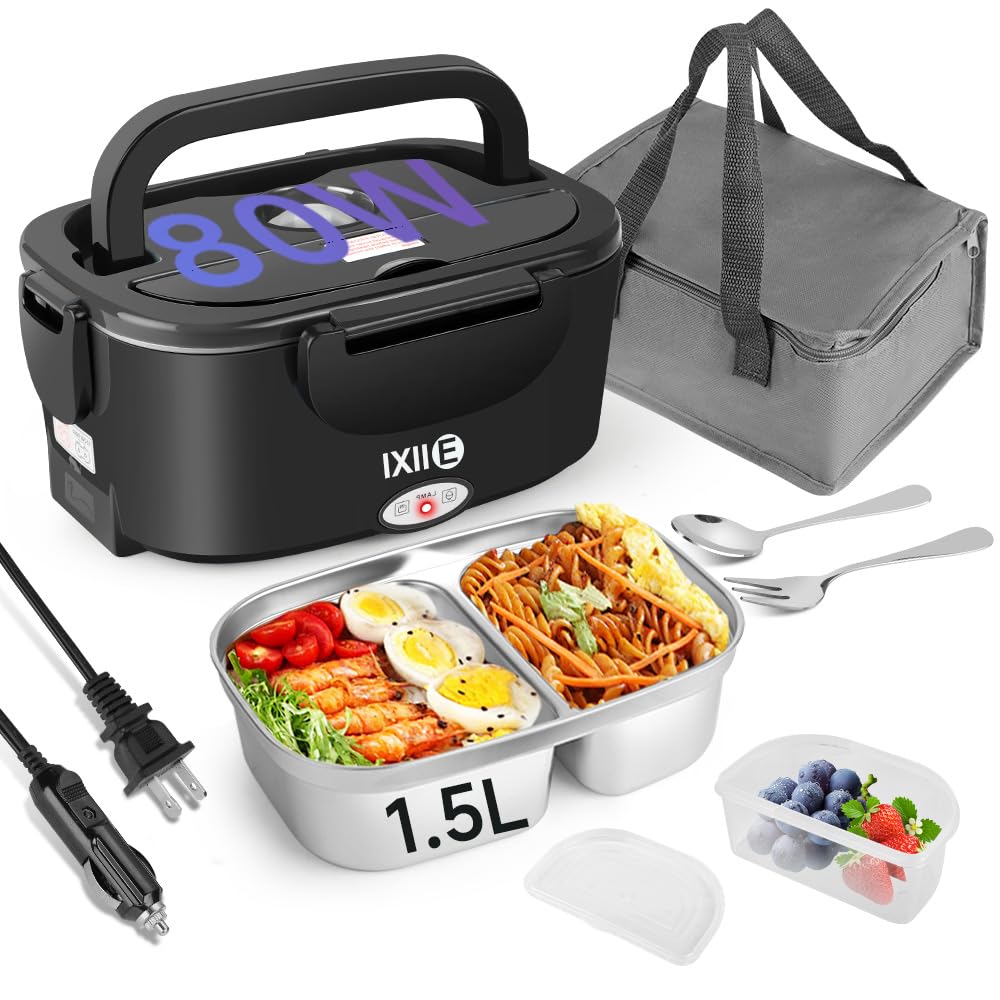 Photo 1 of IXIIE Electric Lunch Box 80W for Adults, 1.5L Lunch Warmer with 2 Compartments for Truck/Car/Work, Fast Portable Heated Lunch Box Food Warmer Heater 12/24/110V, Removable Stainless Steel Container